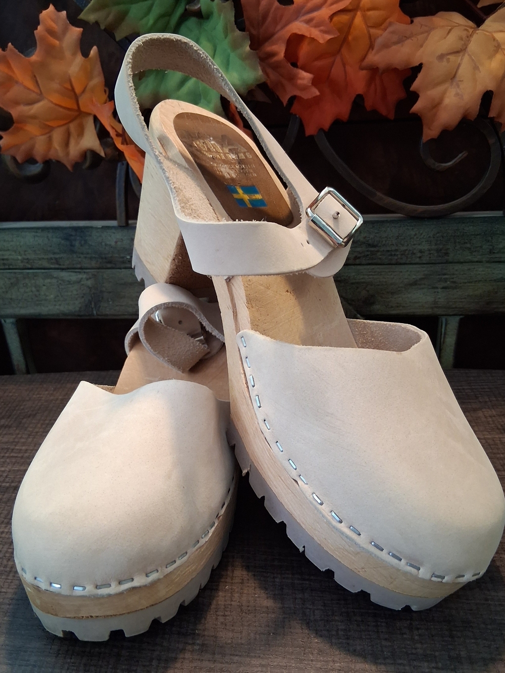 MIA Swedish-Style Women's Cream Leather Clogs with Adjustable Ankle Strap